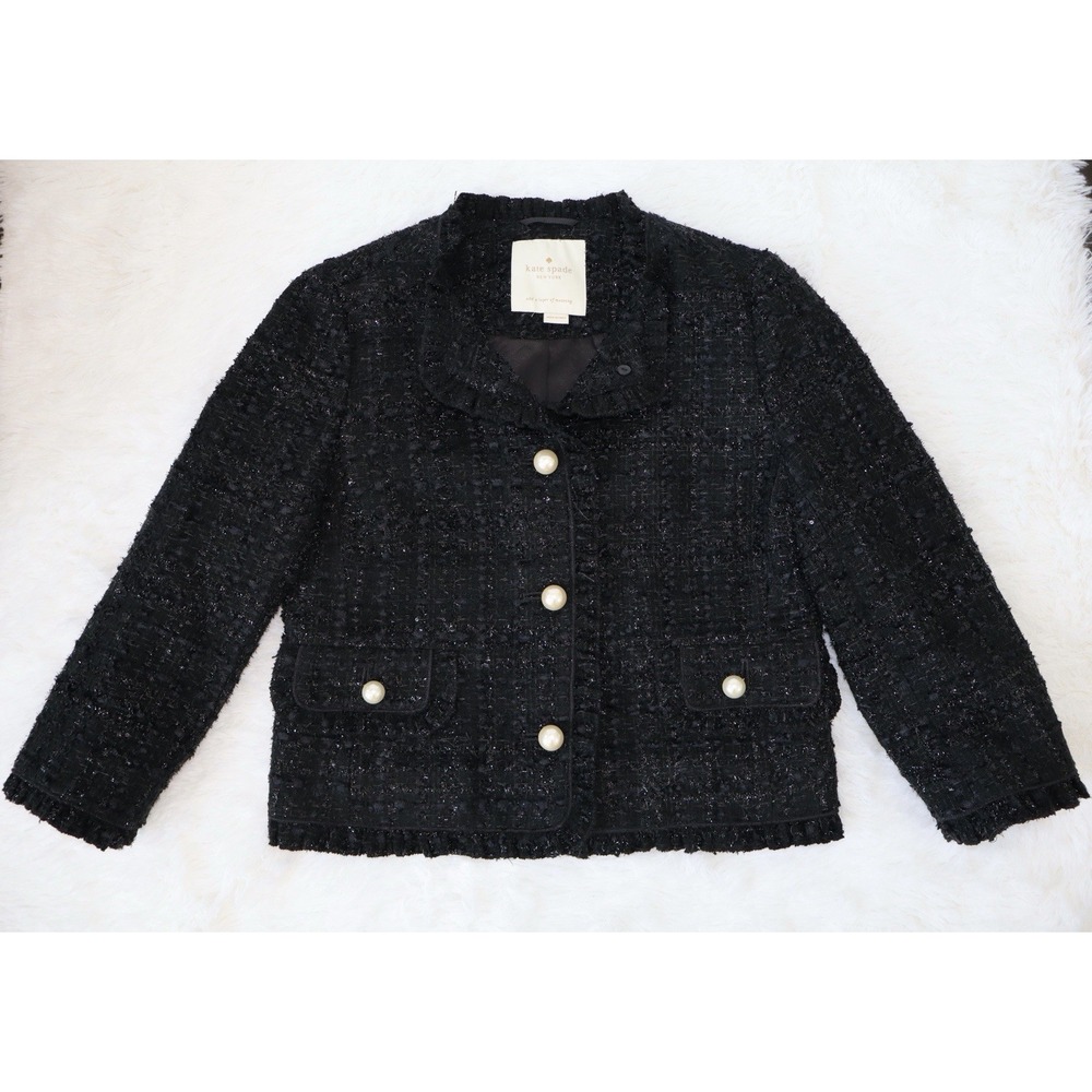 Kate Spade New York Black Tweed Jacket Pearl Buttons Shimmer Fringe Size M